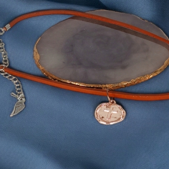 Cord Medallion Necklace Hammered Copper Disk with Cross Countryside Prep 1970s - Picture 1 of 12